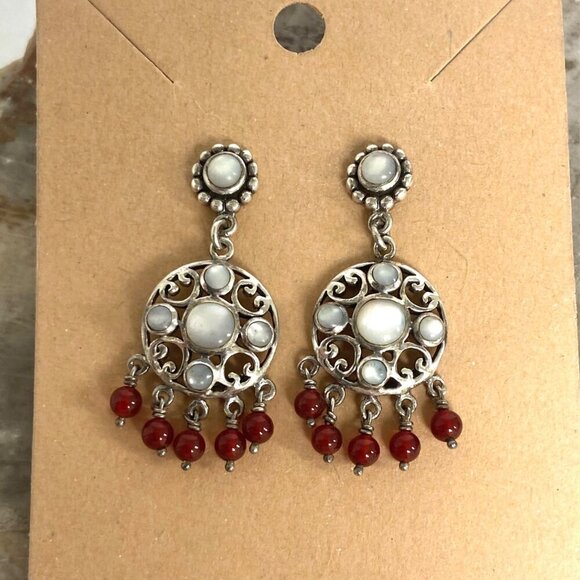 Sterling Silver 925 White Mother Of Pearl Red Beaded Chandelier Dangle Earrings - Picture 11 of 16